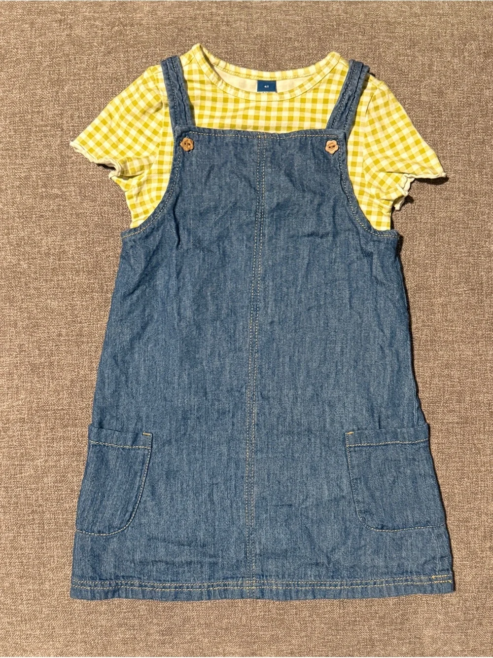 Denim Pinafore Dress with Green Gingham Top Set - 4T